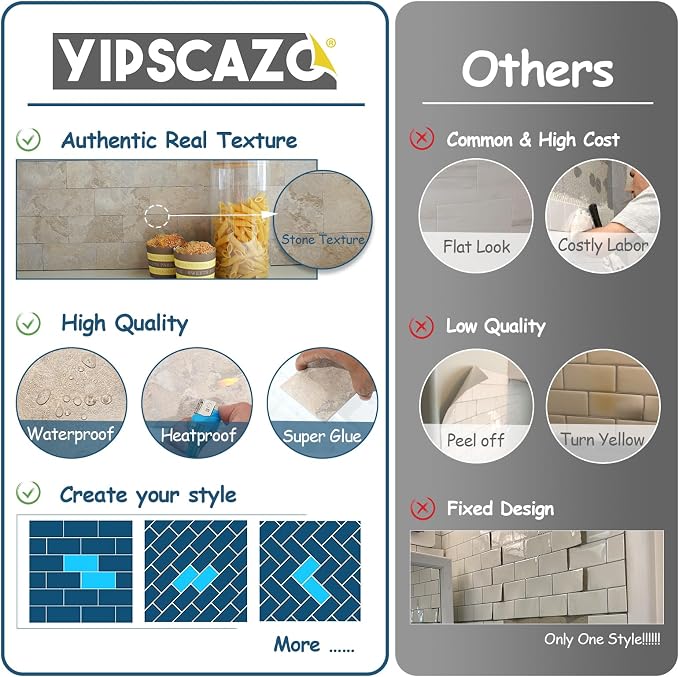 Yipscazo 2026 New Upgrade Peel and Stick backsplash 3 x 6 Inches, Backsplash Tile Peel and Stick Tile for Kitchen, Bathroom, Laundry Room, Fireplace(Beige Ecru Stone, 100 Pieces)