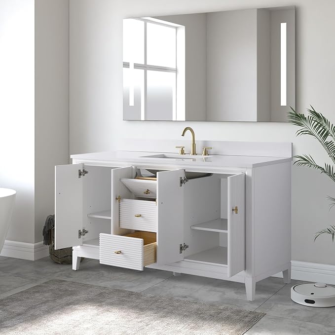 Vanity Art 60" Bathroom Vanity with Single Sink & Arabescato White Engineered Stone Top, Vanity Cabinet with Soft Closing Door, Solid Wood Frame, Golden Brushed Handles, White VA8160S-W-GB