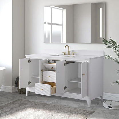 Vanity Art 60" Bathroom Vanity with Single Sink & Arabescato White Engineered Stone Top, Vanity Cabinet with Soft Closing Door, Solid Wood Frame, Golden Brushed Handles, White VA8160S-W-GB