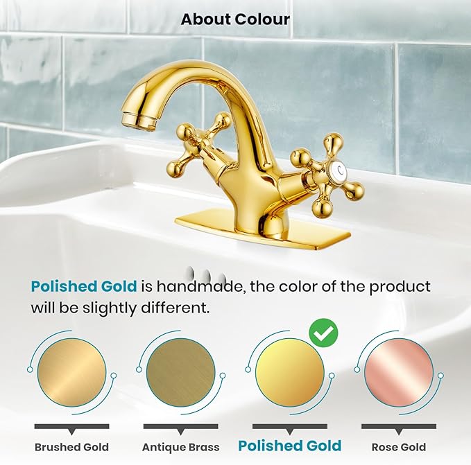 gotonovo Bathroom Sink Faucet Single Hole Double Cross Handle Knobs Lavatory Vessel Sink Mixer Tap Bathroom Faucet with Pop up Drain and Deck Cover Plate Polish Gold