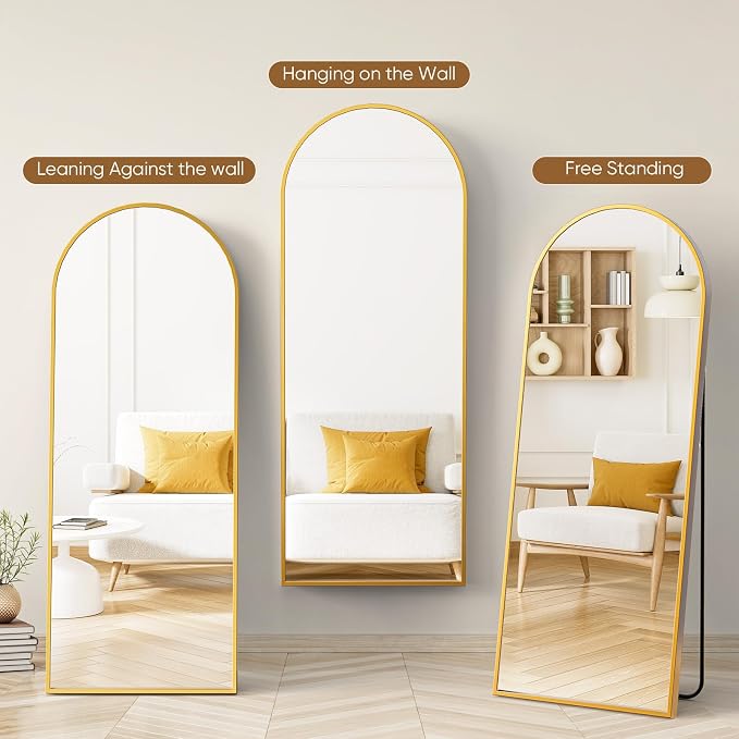 NEWBULIG Arched Full Length Floor Mirror 64"x21", Body Standing Mirror | Wall Hanging or Leaning, Shatter-Proof Glass, Aluminum Alloy Frame with Stand, Home Decor Bedroom, Gold