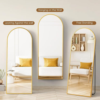 NEWBULIG Arched Full Length Floor Mirror 64"x21", Body Standing Mirror | Wall Hanging or Leaning, Shatter-Proof Glass, Aluminum Alloy Frame with Stand, Home Decor Bedroom, Gold