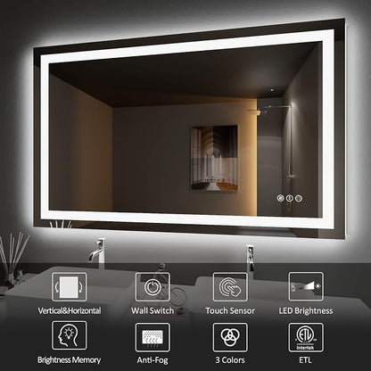 LED Bathroom Mirror, 60"X32" with Front Light and Backlit | Stepless Dimmable, Anti-Fog, Shatter-Proof, HD Reflection, Memory, 3 Colors Lighting, UL Listed (Horizontal/Vertical).