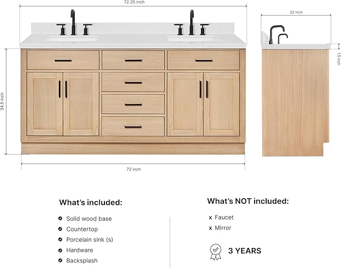 ARIEL Hepburn 72-inch Bathroom Vanity with Sink,Solid Wood, 1.5-inch Carrara White Quartz Countertop, Double Rectangular Porcelain Sink, 4 Soft Closing Doors, 6 Dovetail Drawers, White Oak