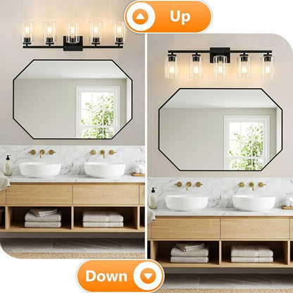 31” Bathroom Light Fixtures Over Mirror,5-Light Black Vanity Light | Square Clear Glass & Durable Metal, Quick & Easy Installation, Standard E26 Socket, Bright Bathroom Lighting
