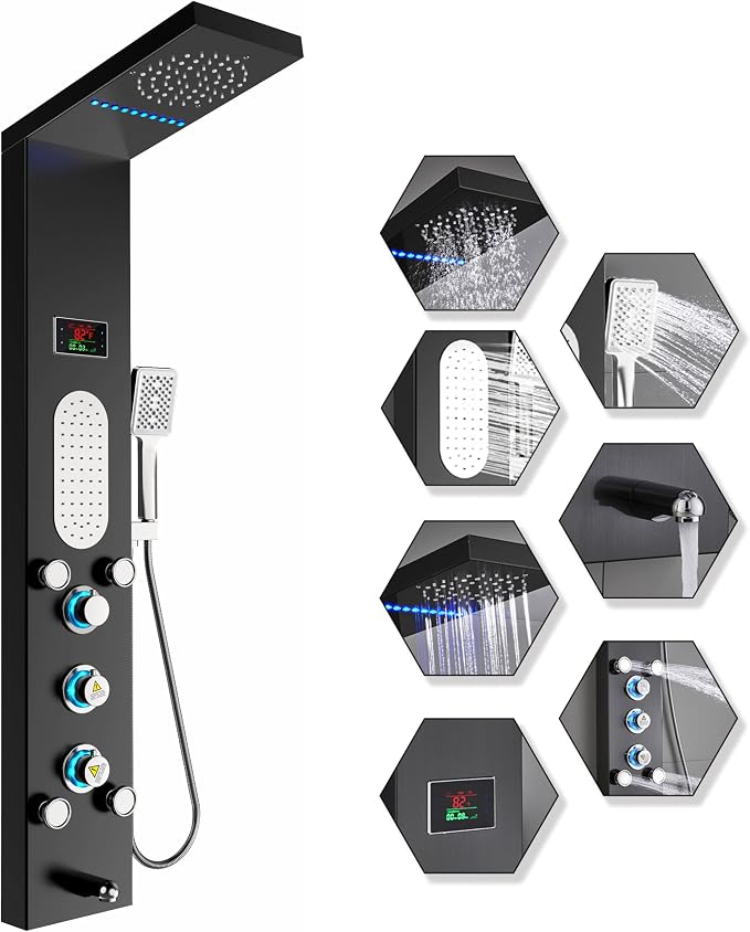 ELLO&ALLO LED Shower Panel Tower System, Rainfall and Mist Shower Head Rain Massage with Body Jets, Brushed Black