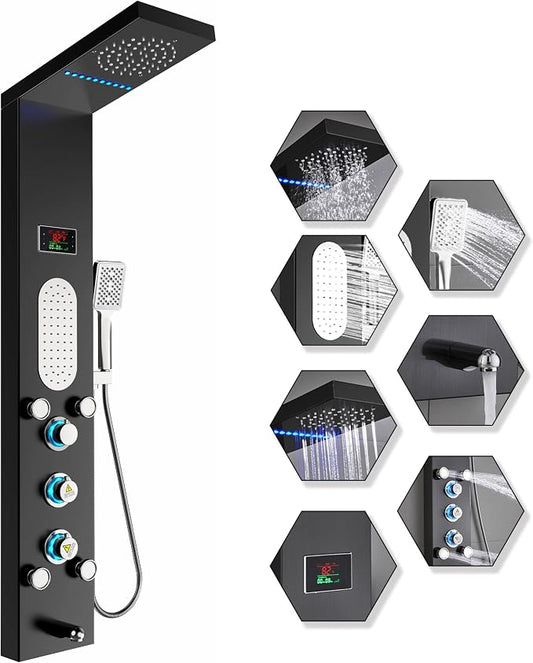 ELLO&ALLO LED Shower Panel Tower System, Rainfall and Mist Shower Head Rain Massage with Body Jets, Brushed Black