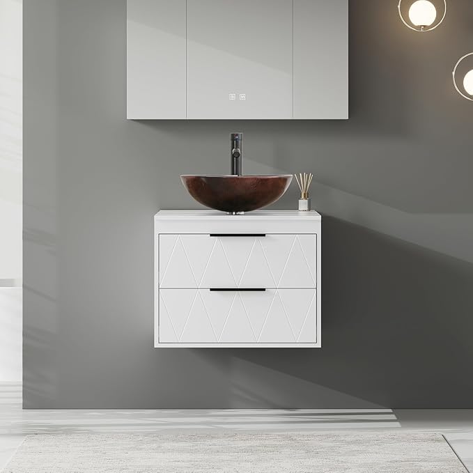 eclife 24" Floating Bathroom Vanities with Sink Combo, Wall Mounted Modern Cabinet W/Diamond Line Pattern Design, Brown Round Glass Vessel Sink W/Water Save Faucet & Pop Up Drain, White