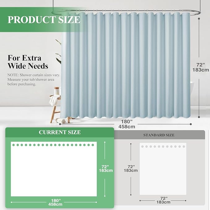 Extra Wide Waffle Shower Curtain 256 GSM Fabric 180x72 Fog Blue | 180 Inch Wide, Thick Cloth, Weighted Hem, Water Repellent, Hotel Luxury Polyester Shower Curtain Set for Bathroom 32 Hooks