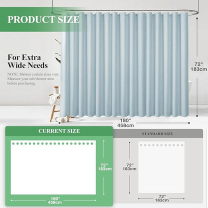 Extra Wide Waffle Shower Curtain 256 GSM Fabric 180x72 Fog Blue | 180 Inch Wide, Thick Cloth, Weighted Hem, Water Repellent, Hotel Luxury Polyester Shower Curtain Set for Bathroom 32 Hooks