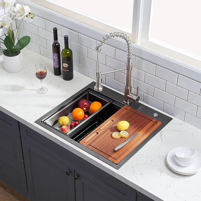 25 Inch Black kitchen Sink Drop in - 25"x22" Topmount Ledge Workstation Kitchen Sinks 16 Gauge Handmade Stainless Steel Single Bowl Sink with All Accessories for Kitchen Laundry Utility