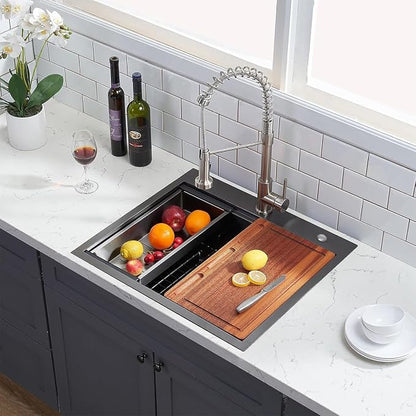 25 Inch Black kitchen Sink Drop in - 25"x22" Topmount Ledge Workstation Kitchen Sinks 16 Gauge Handmade Stainless Steel Single Bowl Sink with All Accessories for Kitchen Laundry Utility