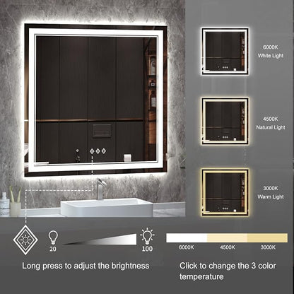 LED Mirror for Bathroom, 36x36 Inch, 3 Colors Dimmable CRI>90 Double Lights, Enhanced Anti-Fog, Hanging Plate Wall Mount Lighted Vanity Mirror
