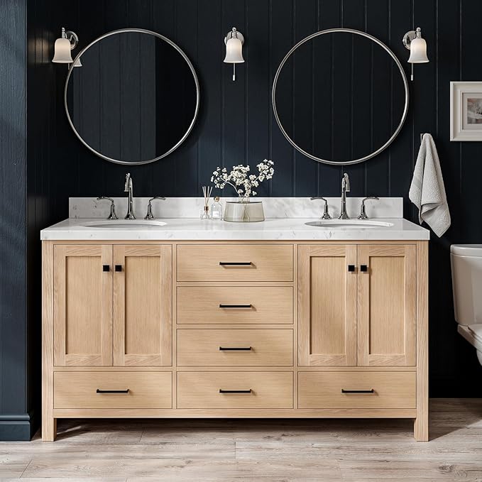 ARIEL Cambridge 66-inch Bathroom Vanity with Sink,Solid Wood, 1.5-inch Carrara White Quartz Countertop & Backsplash, Double Oval Porcelain Sink, 4 Soft Closing Doors, 6 Dovetail Drawers, White Oak