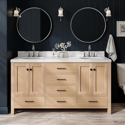 ARIEL Cambridge 66-inch Bathroom Vanity with Sink,Solid Wood, 1.5-inch Carrara White Quartz Countertop & Backsplash, Double Oval Porcelain Sink, 4 Soft Closing Doors, 6 Dovetail Drawers, White Oak
