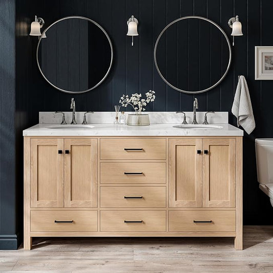 ARIEL Cambridge 66-inch Bathroom Vanity with Sink,Solid Wood, 1.5-inch Carrara White Quartz Countertop & Backsplash, Double Oval Porcelain Sink, 4 Soft Closing Doors, 6 Dovetail Drawers, White Oak