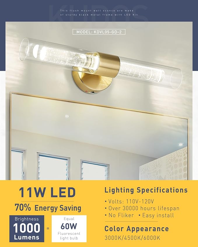 kudos Brushed Gold LED Vanity Light, Crystal Bubble and Clear Glass, 3CCT | 11W, 1000 Lumens,3000K, 4500K and 6000K Selectable, Hardwired, for Bathroom, Bedroom and Over Mirror, KDVL05-GD-2