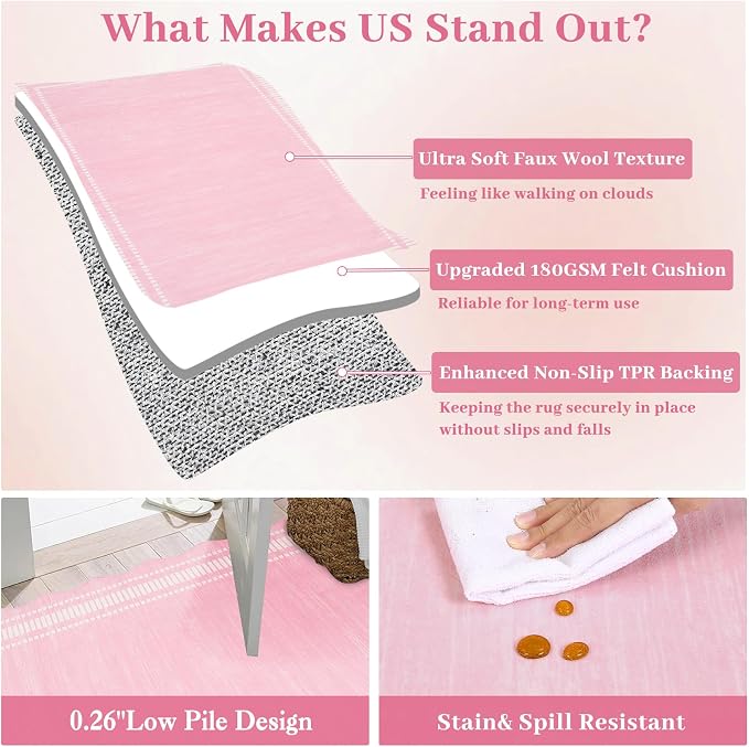 Garvee Scallop Area Rug 5x7 Washable Rugs for Bedroom Neutral Rug Pink | Rugs for Living Room, Non-Slip Soft Carpet for Bedroom, Scalloped Low-Pile Solid Rug Accent Rug for Dining Room Home Office