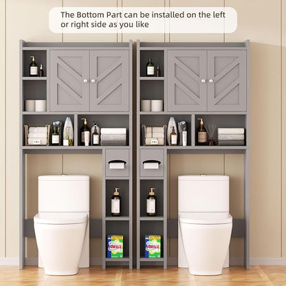 Shintenchi Over the Toilet Storage Cabinet, Bathroom Storage Cabient with Barn Doors, Bathroom Storage Shelf Organizer with Toilet Paper Holder, Adjustable Shelf and Anti-Tip Device, Gray