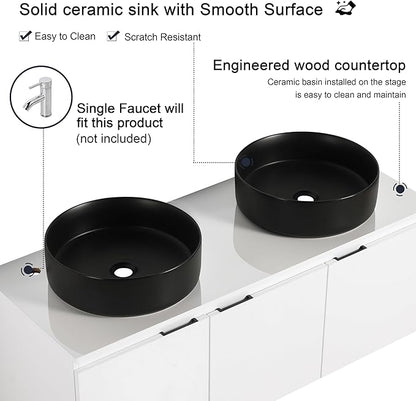 48 Inch Bathroom Vanity with Sink, 48" Floating Bathroom Vanity with Double Vessel Sinks, Modern Wall Mounted Cabinet Set, White Storage Cabinet with 3 Soft Close Doors and 2 Black Ceramic Basin Sinks