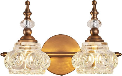 Bathroom Vanity Light Fixtures, 2-Light Vintage Crystal Bathroom Lighting, Matte Brushed Antique Brass Finish, Vintage Wall Sconce Light with Crystal Glass Shade