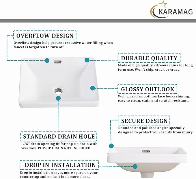 Small Bathroom Vessel Sink 16.7'' x 12.6'' Semi Recessed Bathroom Sink Rectangular Drop-in Vanity Sink with Overflow White Ceramic Modern Art Basin