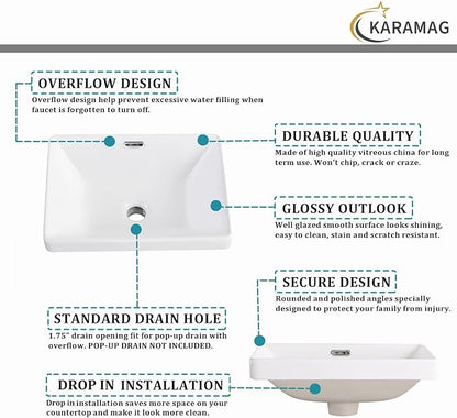 Small Bathroom Vessel Sink 16.7'' x 12.6'' Semi Recessed Bathroom Sink Rectangular Drop-in Vanity Sink with Overflow White Ceramic Modern Art Basin