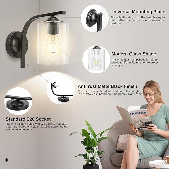CANMEIJIA Wall Sconce 2 Light, Modern Wall Lighting Fixture, Bathroom Vanity Lights with Matte Black Wall Lamp for Bedroom Kitchen Hallway Porch, Clear Glass Shade, E26 Socket, Bulbs Not Included