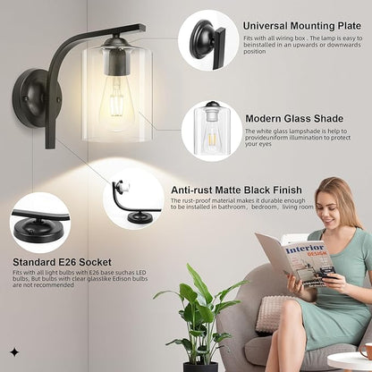 CANMEIJIA Wall Sconce 2 Light, Modern Wall Lighting Fixture, Bathroom Vanity Lights with Matte Black Wall Lamp for Bedroom Kitchen Hallway Porch, Clear Glass Shade, E26 Socket, Bulbs Not Included