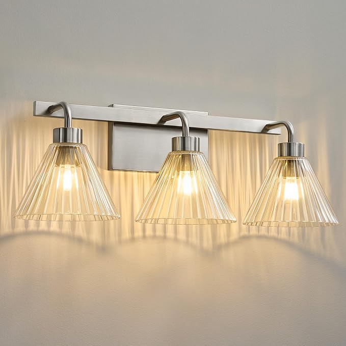 AIJIASI 3-Light Bathroom Light Fixtures Brushed Nickel Vanity Lights for Bathroom with Ribbed Glass Shade 24 Inch Bathroom Lighting Fixtures Over Mirror Wall Sconce Light for Restroom