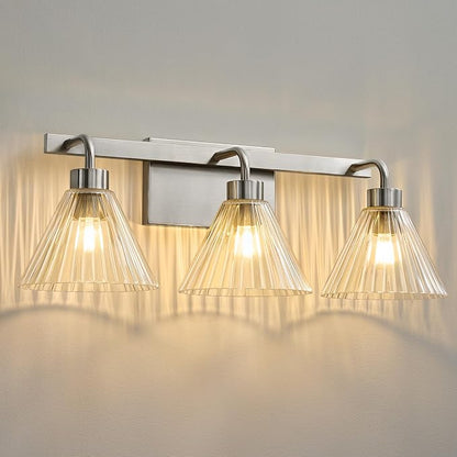 AIJIASI 3-Light Bathroom Light Fixtures Brushed Nickel Vanity Lights for Bathroom with Ribbed Glass Shade 24 Inch Bathroom Lighting Fixtures Over Mirror Wall Sconce Light for Restroom