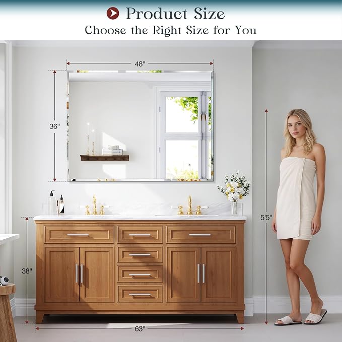 36"x48" Frameless Bathroom Mirror, Beveled Bathroom Vanity Mirror | Wall Mount Mirrors for Bedroom Entryway Living Room Hangs Horizontally or Vertically