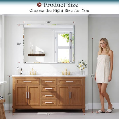 36"x48" Frameless Bathroom Mirror, Beveled Bathroom Vanity Mirror | Wall Mount Mirrors for Bedroom Entryway Living Room Hangs Horizontally or Vertically