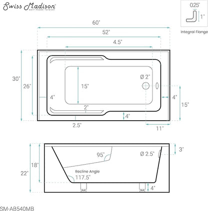 Voltaire 60" x 30" Right-Hand Drain Alcove Bathtub with Apron in Matte Black