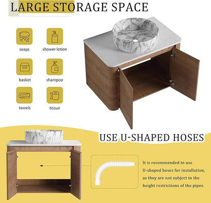 LKTART 30 Inch Floating Bathroom Vanity with Sink, Modern Wall Mounted Bathroom with Soft Close Door, Stone Round Ceramic Basin and Sintered Stone Top