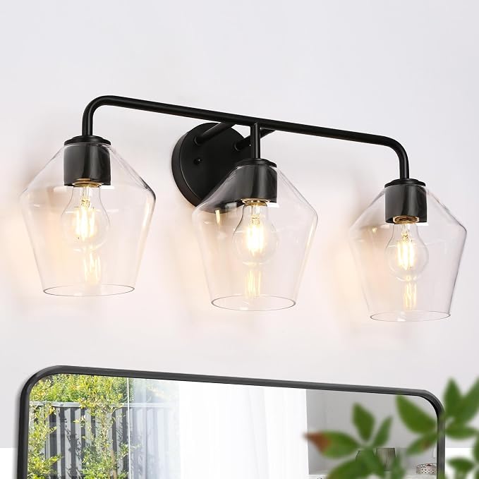 KSANA Bathroom Light Fixture, Modern Black Vanity Lights Over Mirror 3 Light Bathroom Lighting with Clear Glass