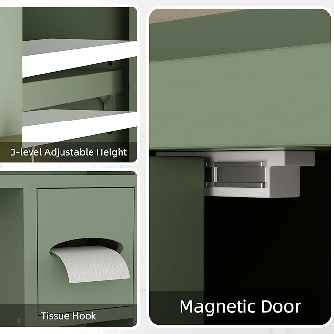 Shintenchi Over the Toilet Storage Cabinet, Bathroom Storage Cabient with Barn Doors, Bathroom Storage Shelf Organizer with Toilet Paper Holder, Adjustable Shelf and Anti-Tip Device, Green