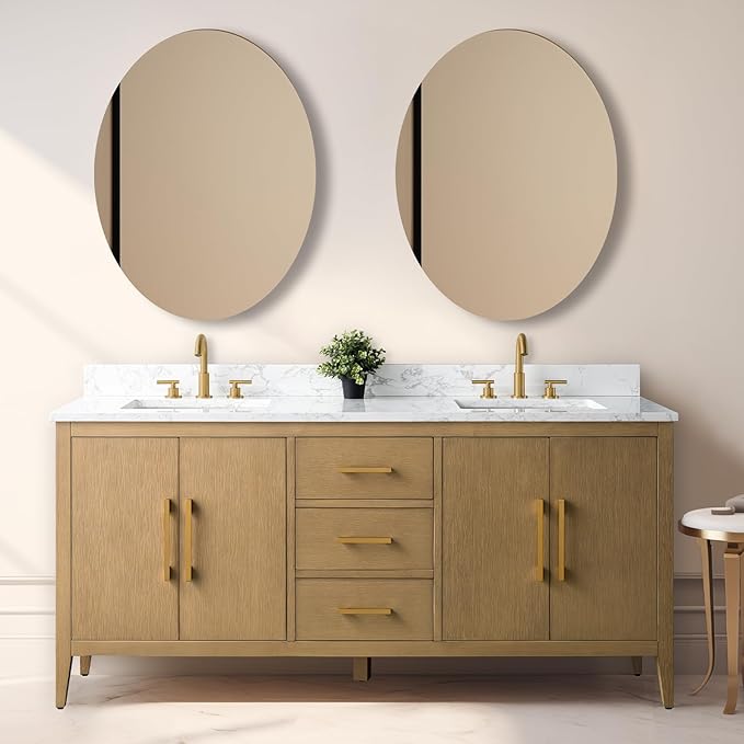 Vanity Art 72 inch Bathroom Vanity with Double Sink & Ceramic Top, Vanity Cabinet with Soft-Closing Doors, Drawers, Solid Wood Frame, Natural Oak, Golden Brushed Handware