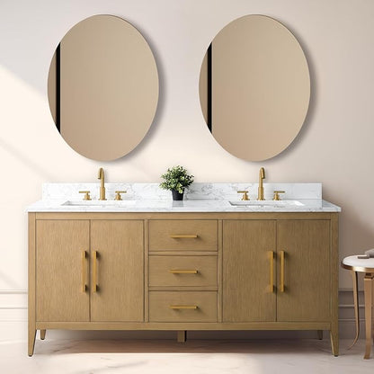 Vanity Art 72 inch Bathroom Vanity with Double Sink & Ceramic Top, Vanity Cabinet with Soft-Closing Doors, Drawers, Solid Wood Frame, Natural Oak, Golden Brushed Handware