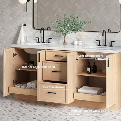 ARIEL Kelly 72-inch Bathroom Vanity with Sink,Solid Wood, 1.5-inch Italian Carrara Marble Countertop, Double Rectangular Porcelain Sink, 4 Soft Closing Doors, 5 Dovetail Drawers, White Oak