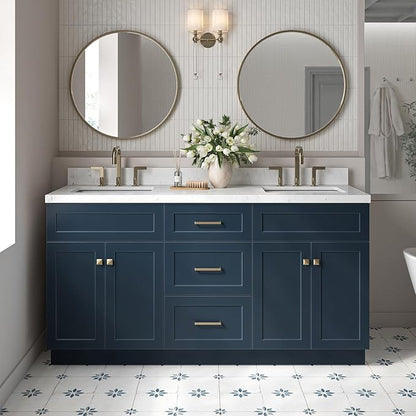 ARIEL Hamlet 66-inch Bathroom Vanity with Sink,Solid Wood, 1.5-inch Carrara White Quartz Countertop, Double Rectangular Porcelain Sink, 4 Soft Closing Doors, 3 Dovetail Drawers, Midnight Blue