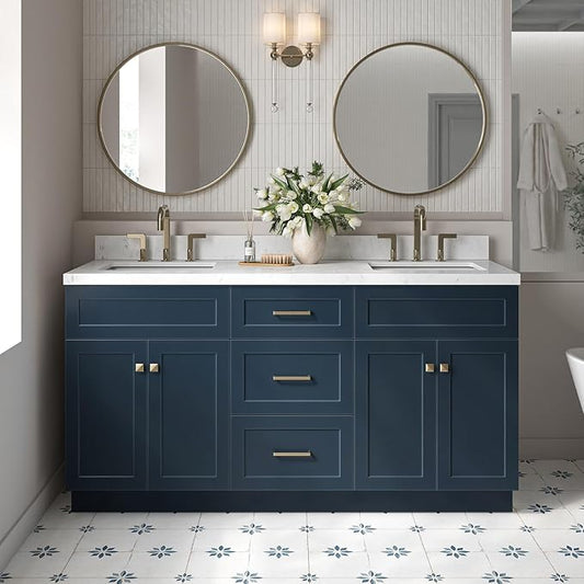 ARIEL Hamlet 66-inch Bathroom Vanity with Sink,Solid Wood, 1.5-inch Carrara White Quartz Countertop, Double Rectangular Porcelain Sink, 4 Soft Closing Doors, 3 Dovetail Drawers, Midnight Blue