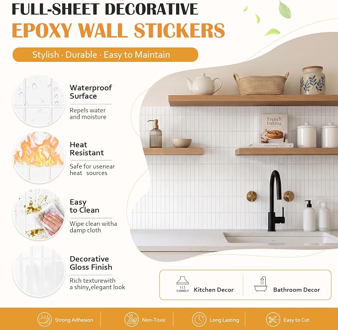 JOLOV 10 Pack Peel and Stick Backsplash Tiles, Waterproof 3D Stickers | Thicker self-adhesive 3D tile stickers for kitchen and bathroom walls; removable, waterproof and easy to install.