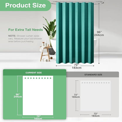Extra Long Waffle Shower Curtain 256GSM Fabric 72x96 Seaweed Green | 96 Inch Tall, Thick Cloth, Weighted Hem, Water Repellent, Hotel Luxury Polyester Shower Curtain Set for Bathroom 12 Hooks