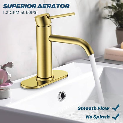 FORIOUS Gold Bathroom Faucets 1 Hole, Stainless Steel Bathroom Sink Faucet with Metal Pop up Drain and Supply Hose, Suitable for Vanity Lavatory Restroom Remodel