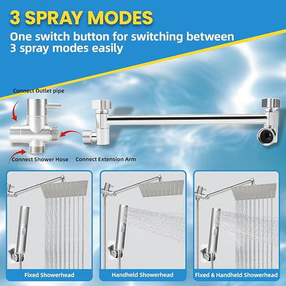 Rainfall Shower Head with Handheld Combo, Silvery, 10 Inch & 3 Spray Modes | 180° Adjustable, Extension Arm, Easy To Install