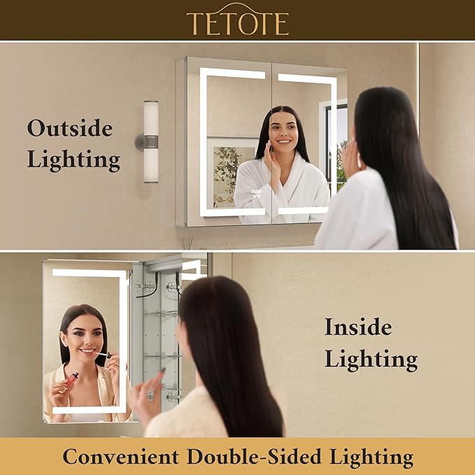 30 x 32 Lighted Medicine Cabinet Mirror for Bathroom with LED Lights, 2 Door Tempered Glass Recessed or Surface Mount Mirrored Cabinet, Outlets & USB, 3-Color Dimming, Defog, Adjustable Shelf
