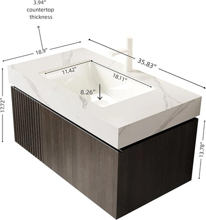 KEIKI 36 Inch Floating Bathroom Vanity with Sink, Espresso & White | Modern Wall Mounted Storage Cabinet w/ Drawer & Door, Pre-assembled Wood Panels, Sintered Stone Top & Ceramic Basin Combo Set