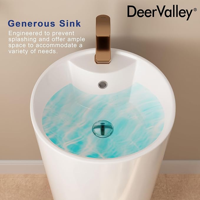 DeerValley Apex 15x15 Inch Circular Pedestal Sink, White Ceramic Bathroom Sink with Overflow, DV-1P527