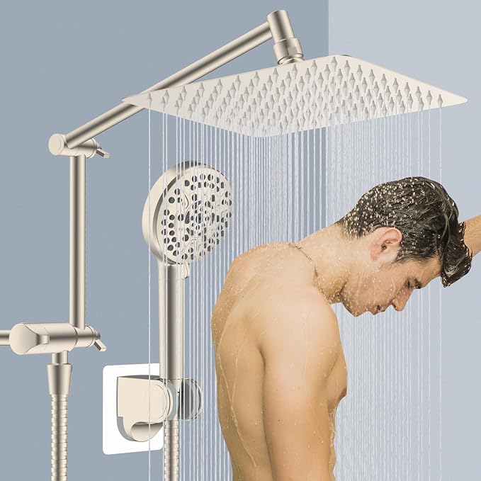 Metal Rain Shower Head with Handheld, 10" High-Pressure Showerhead,10-Mode | Brushed Nickel, Rainfall Shower Head with 5" Large Handheld, Adjustable 16" Shower Extension Arm/71" Hose, 3-Way Diverter